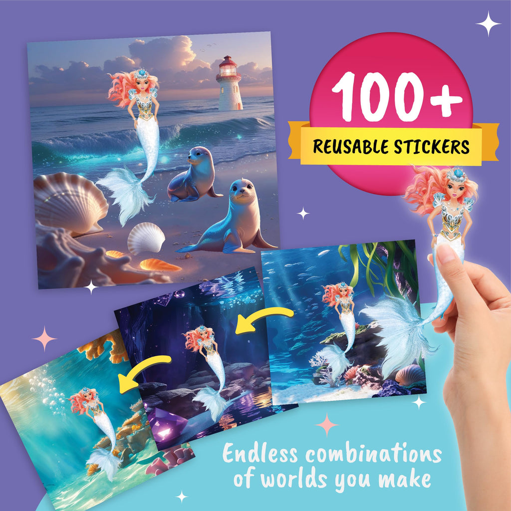 BSCOOL Mermaid Kingdom Reusable Sticker Book for Girls Ages 4-6 | Over 100 Stickers | Portable Travel Activity