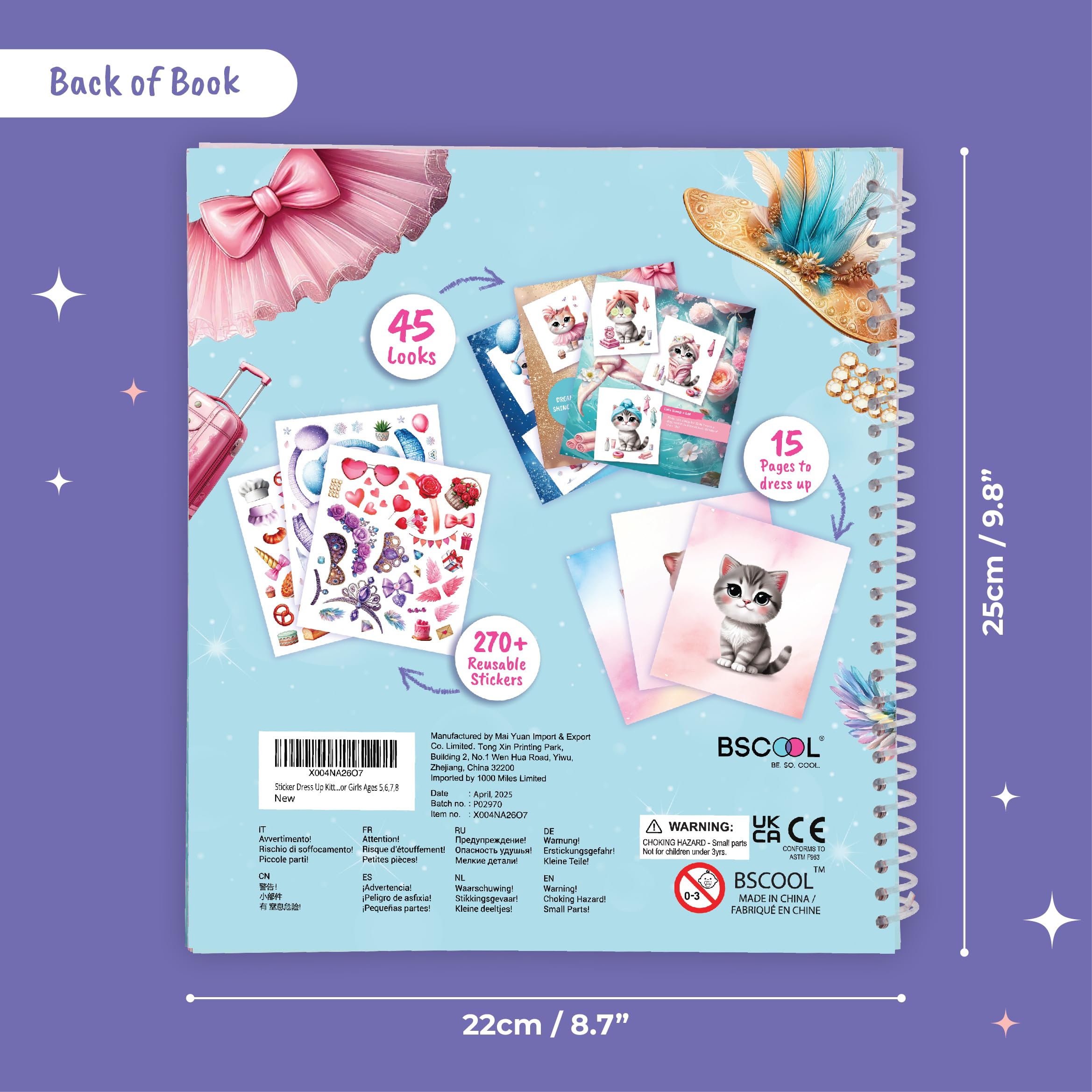 BSCOOL Sticker Dress Up Kitten - Kids Activity and Sticker Book with 270+ Reusable Stickers for Ages 5-8