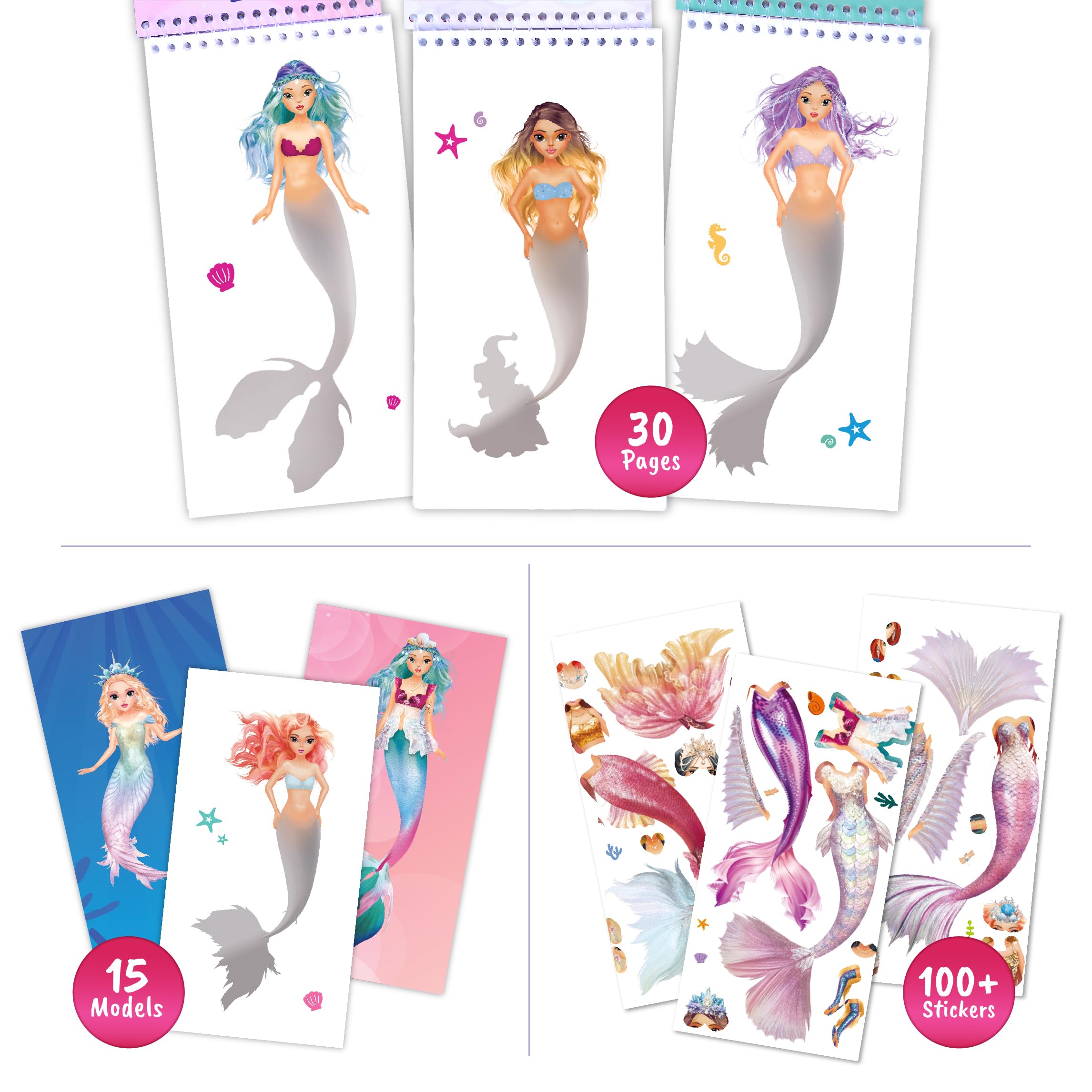 BSCOOL Sticker Dress Up Mermaid Book - Sticker Activity Book for Kids Ages 5+ - Learn Fashion Design with 100+ Stickers and Step-by-Step Guides