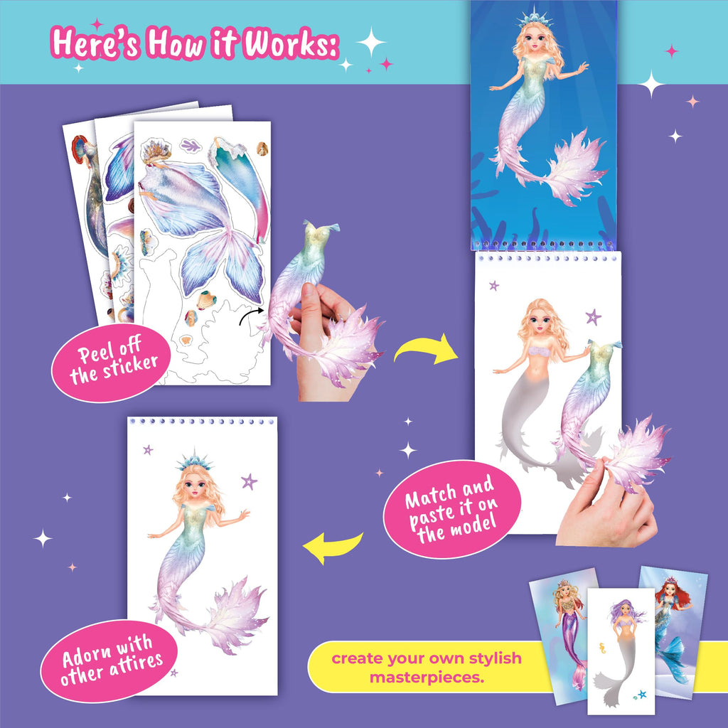 BSCOOL Sticker Dress Up Mermaid Book - Sticker Activity Book for Kids Ages 5+ - Learn Fashion Design with 100+ Stickers and Step-by-Step Guides