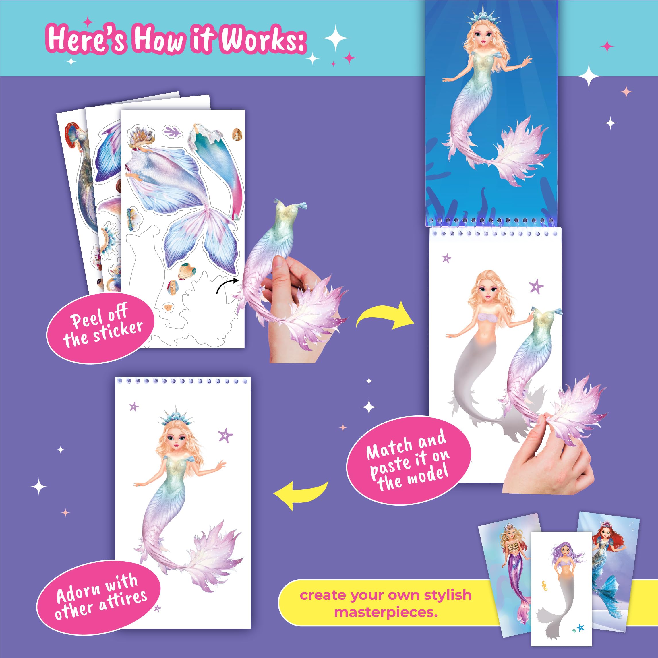 BSCOOL Sticker Dress Up Mermaid Book - Sticker Activity Book for Kids Ages 5+ - Learn Fashion Design with 100+ Stickers and Step-by-Step Guides