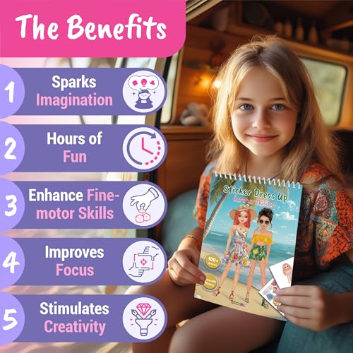 BSCOOL Summer Holiday Sticker Dress Up Book - 100+ Stickers, Step-by-Step Guides for Kids 5+
