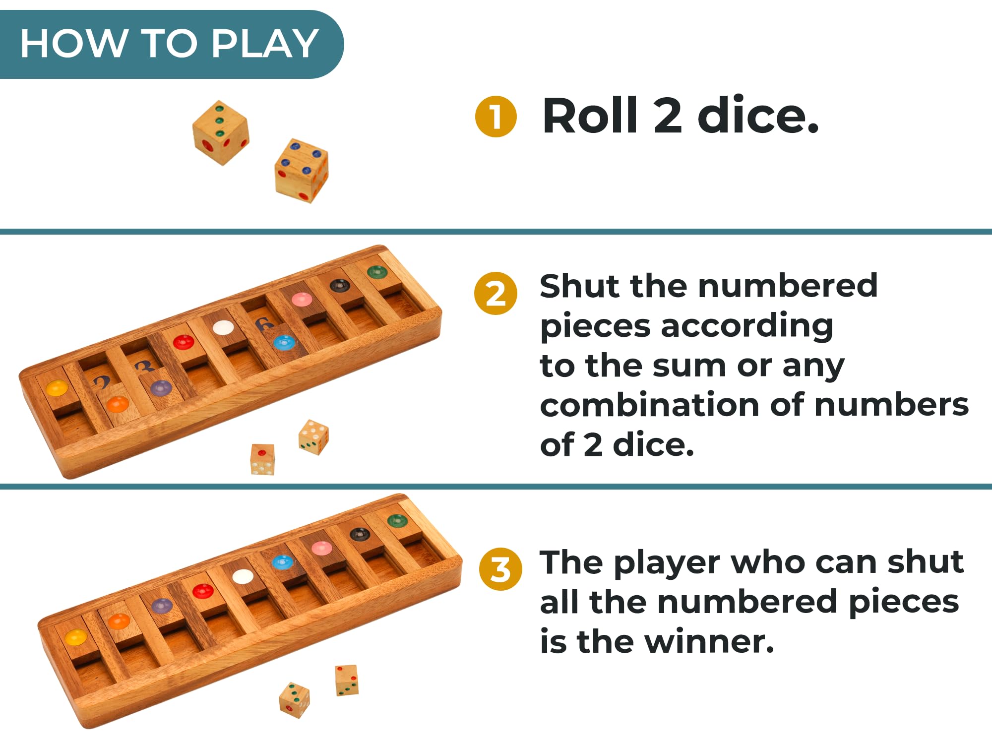 BSIRI Classic Shut The Box Game – Wooden 12-Number Dice Game for Travel & Math Fun