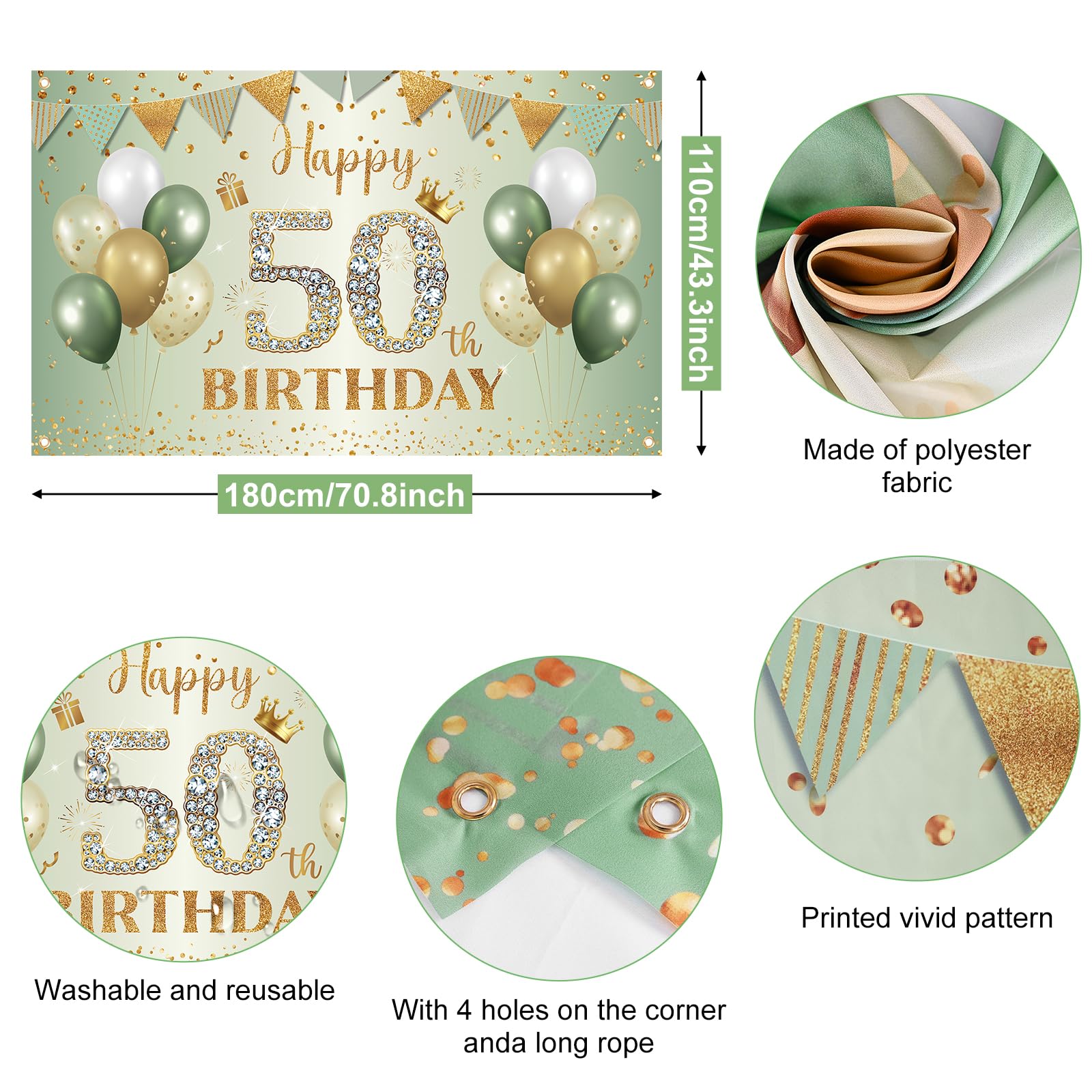 BTZO 50th Birthday Banner Sage Green Gold - 70x43 Inch Fabric Backdrop for Party Decorations