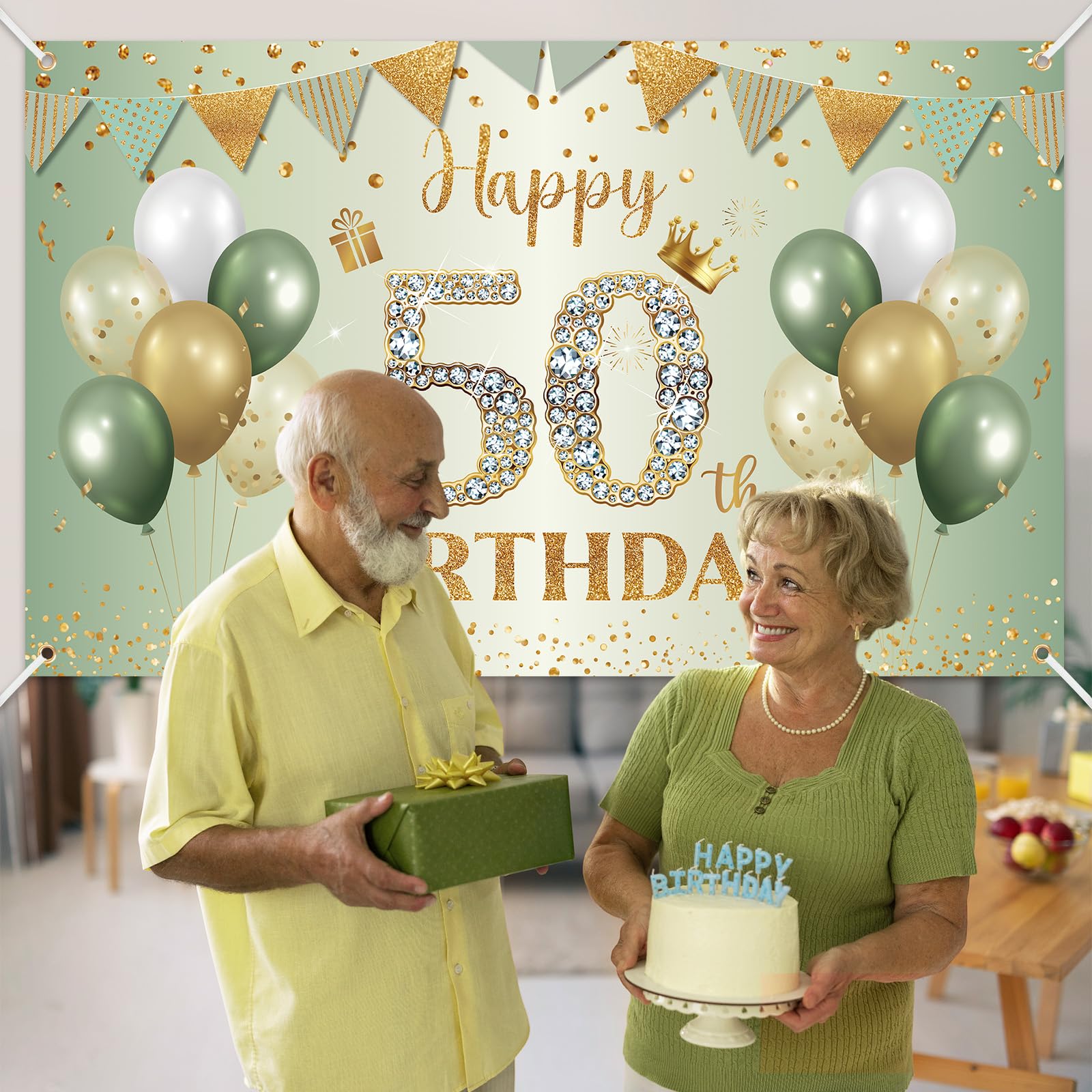 BTZO 50th Birthday Banner Sage Green Gold - 70x43 Inch Fabric Backdrop for Party Decorations