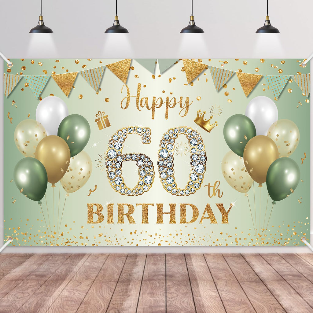 BTZO 60th Birthday Banner Sage Green Gold - Fabric Backdrop for Men Women Party Decor