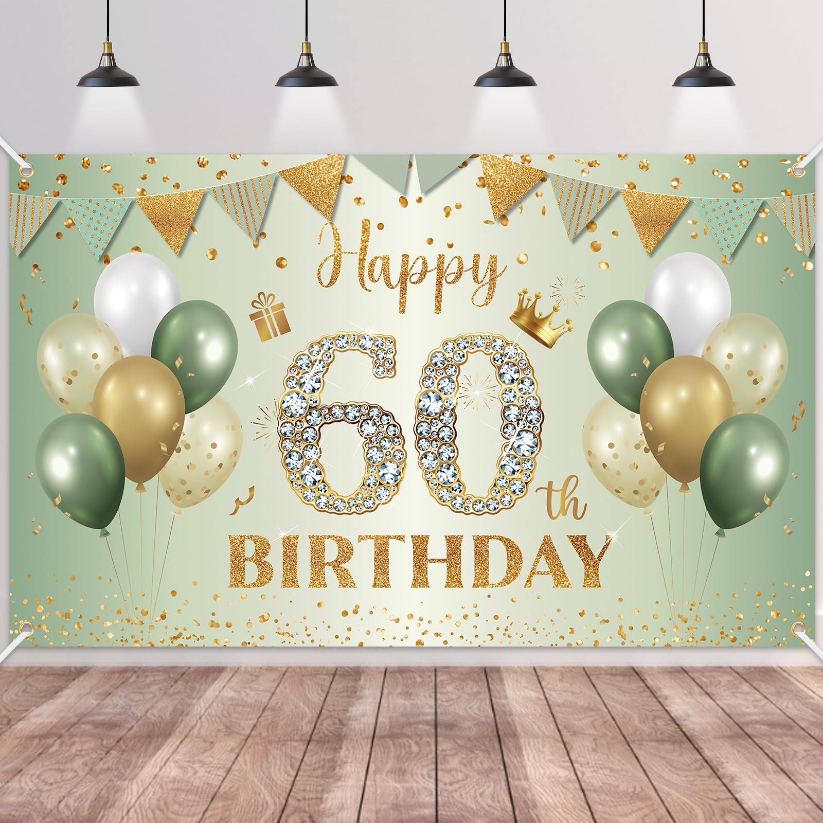 BTZO 60th Birthday Banner Sage Green Gold - Fabric Backdrop for Men Women Party Decor