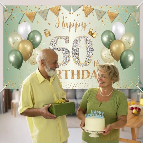BTZO 60th Birthday Banner Sage Green Gold - Fabric Backdrop for Men Women Party Decor