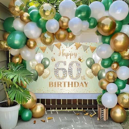 BTZO 60th Birthday Banner Sage Green Gold - Fabric Backdrop for Men Women Party Decor