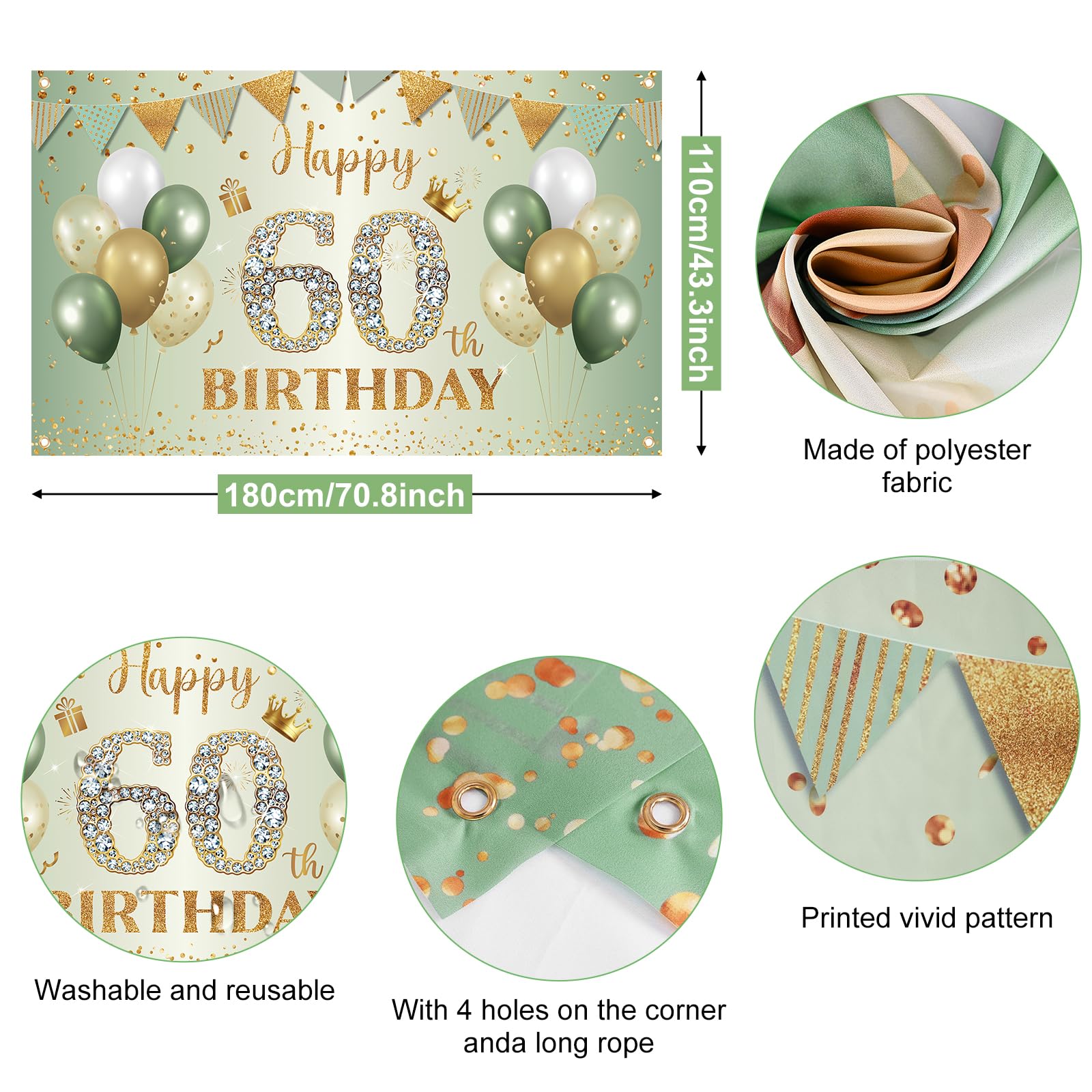BTZO 60th Birthday Banner Sage Green Gold - Fabric Backdrop for Men Women Party Decor