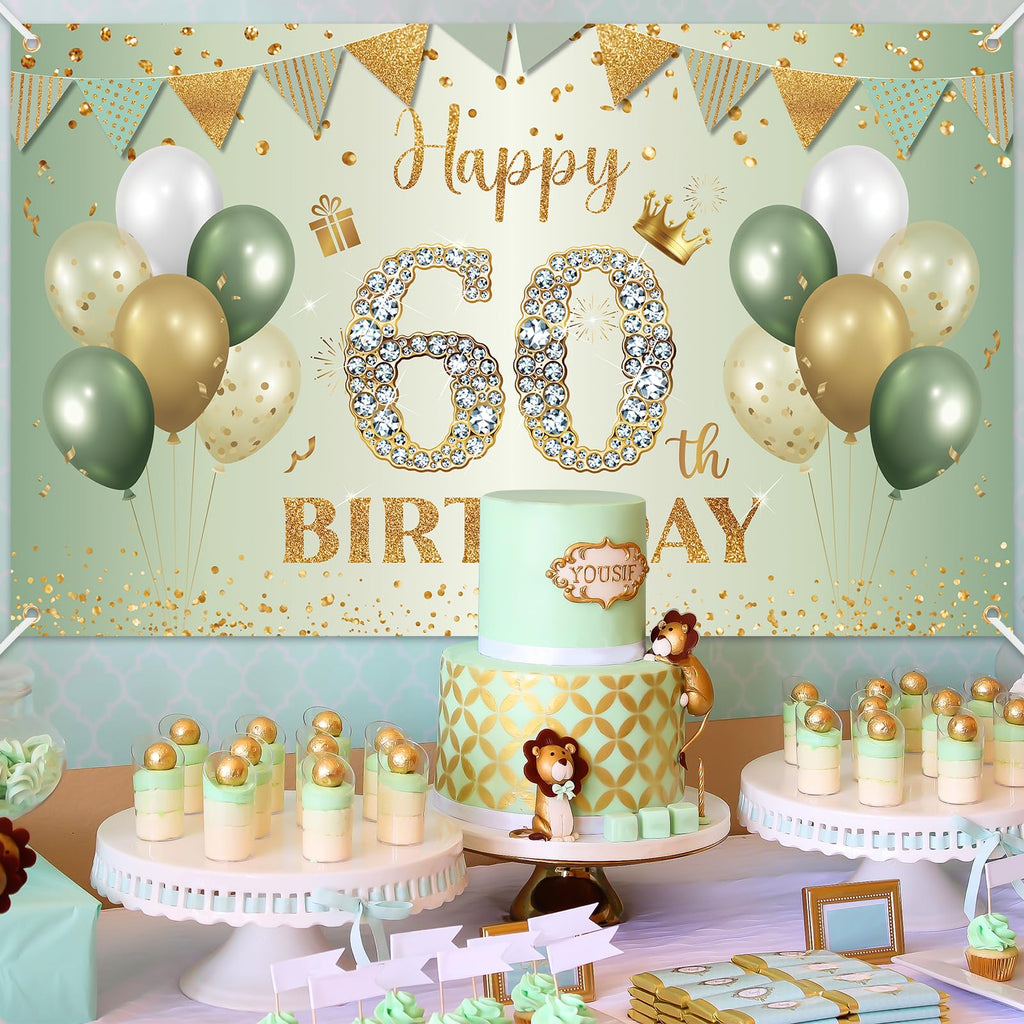 BTZO 60th Birthday Banner Sage Green Gold - Fabric Backdrop for Men Women Party Decor