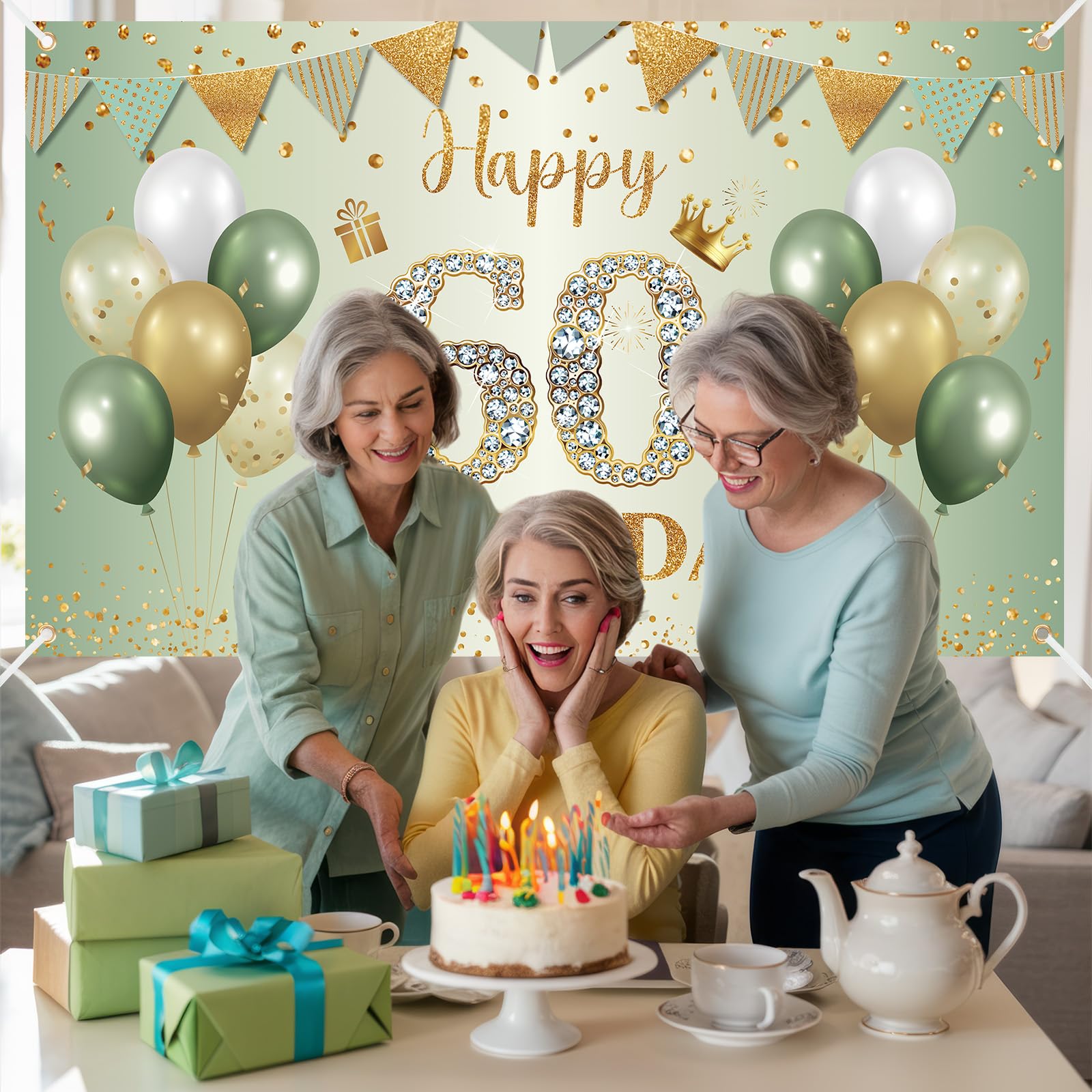 BTZO 60th Birthday Banner Sage Green Gold - Fabric Backdrop for Men Women Party Decor