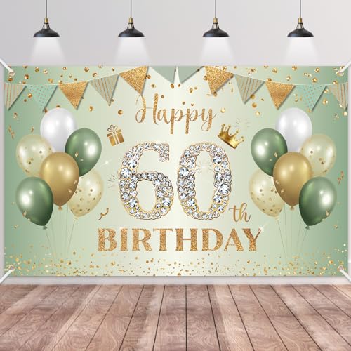 BTZO 60th Birthday Banner Sage Green Gold - Fabric Backdrop for Men Women Party Decor