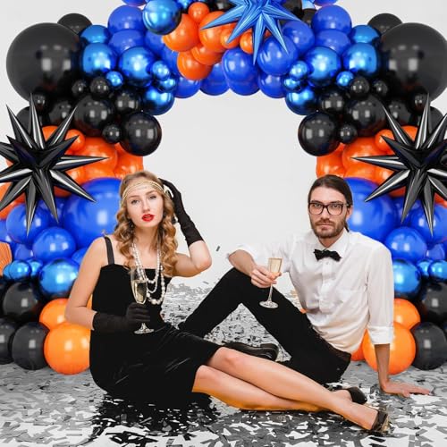 BTZO Black Orange Blue Balloon Arch Kit – 108 Piece Royal Blue Balloon Garland with Star Foil Balloons for Birthday Graduation Basketball Parties