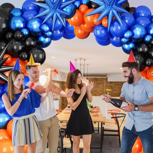 BTZO Black Orange Blue Balloon Arch Kit – 108 Piece Royal Blue Balloon Garland with Star Foil Balloons for Birthday Graduation Basketball Parties