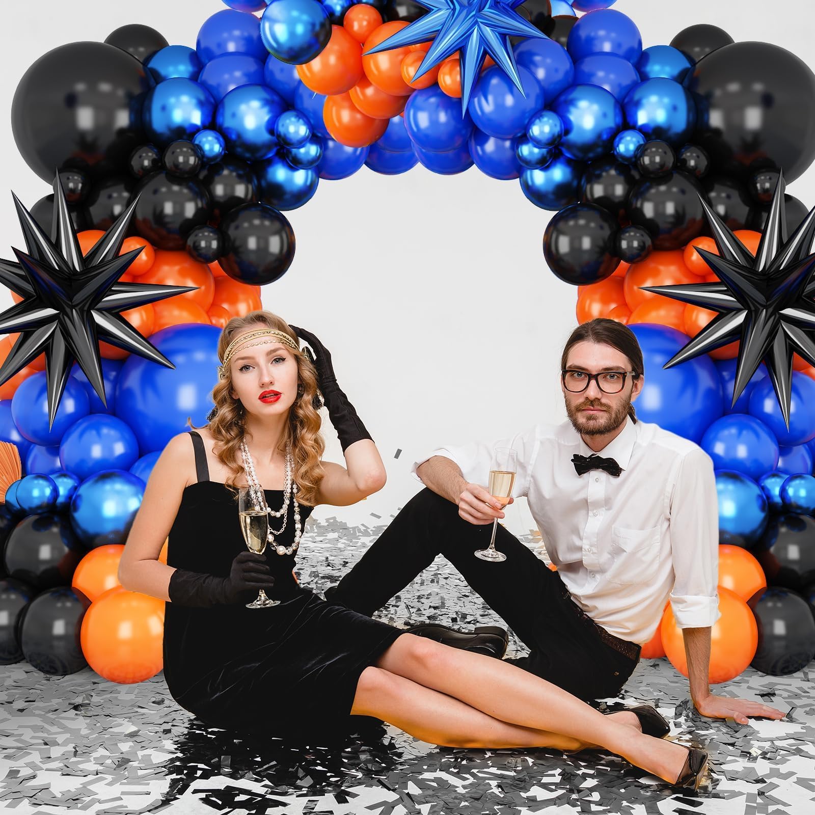 BTZO Black Orange Blue Balloon Arch Kit – 108 Piece Royal Blue Balloon Garland with Star Foil Balloons for Birthday Graduation Basketball Parties