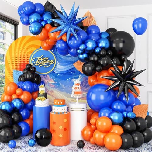 BTZO Black Orange Blue Balloon Arch Kit – 108 Piece Royal Blue Balloon Garland with Star Foil Balloons for Birthday Graduation Basketball Parties