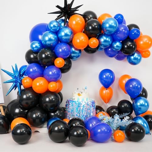 BTZO Black Orange Blue Balloon Arch Kit – 108 Piece Royal Blue Balloon Garland with Star Foil Balloons for Birthday Graduation Basketball Parties