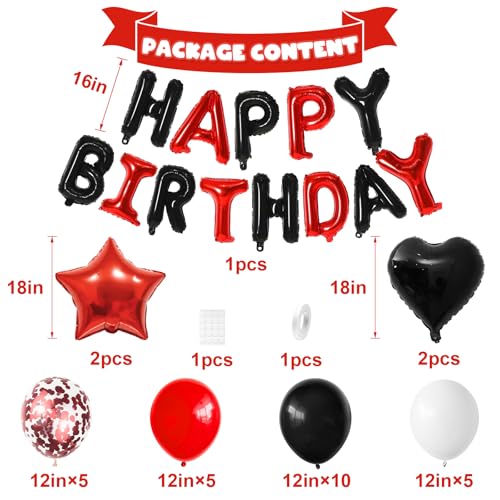 BTZO Black Red Birthday Decorations - 25 Balloons, Star & Heart Foils, Happy Birthday Banner