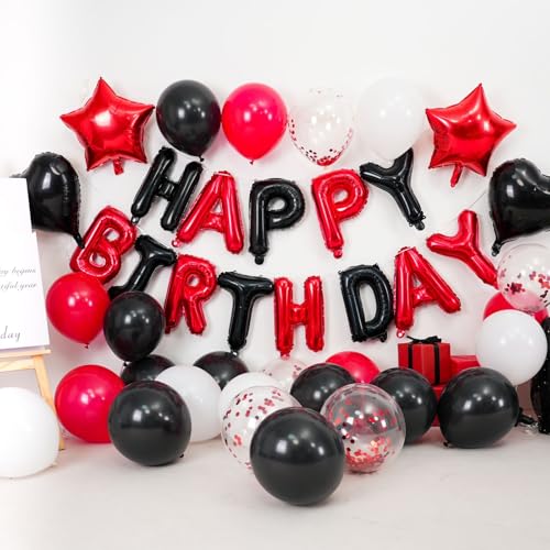 BTZO Black Red Birthday Decorations - 25 Balloons, Star & Heart Foils, Happy Birthday Banner