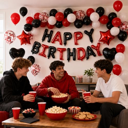 BTZO Black Red Birthday Decorations - 25 Balloons, Star & Heart Foils, Happy Birthday Banner