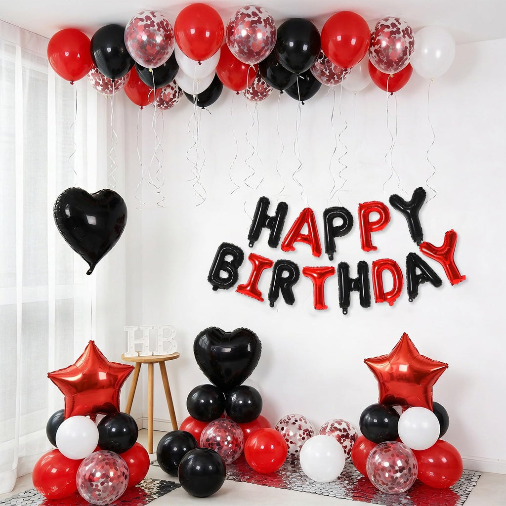 BTZO Black Red Birthday Decorations - 25 Balloons, Star & Heart Foils, Happy Birthday Banner