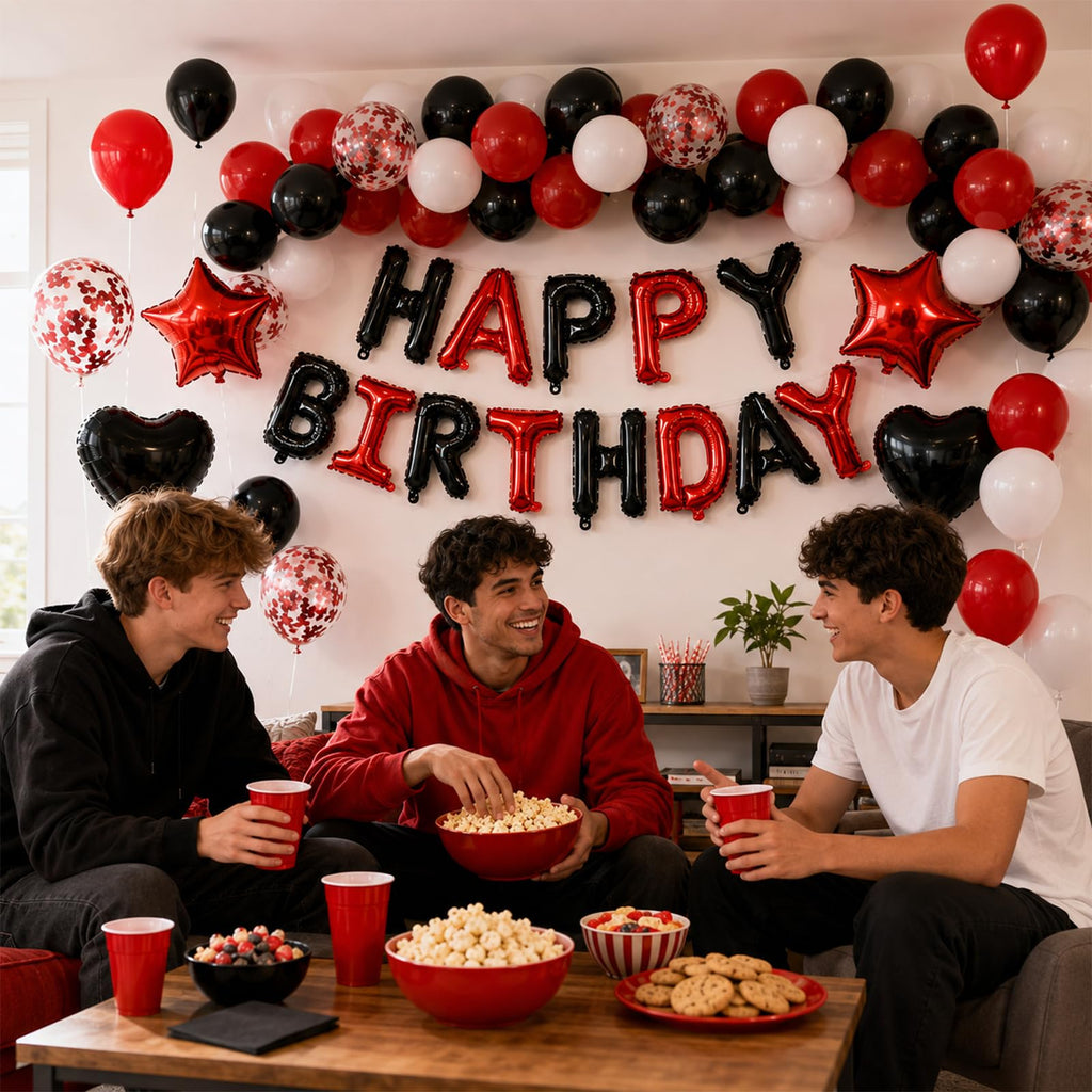 BTZO Black Red Birthday Decorations - 25 Balloons, Star & Heart Foils, Happy Birthday Banner