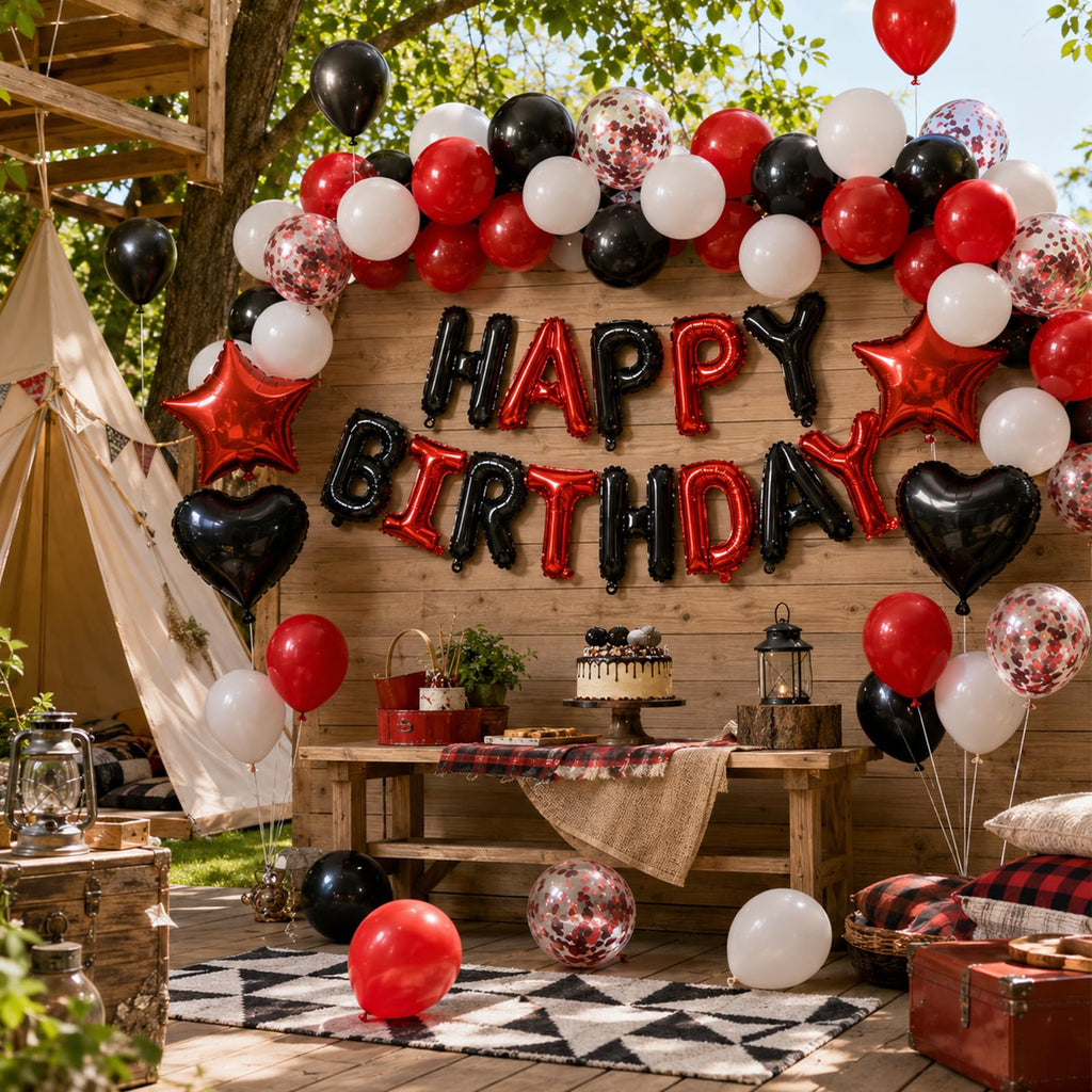 BTZO Black Red Birthday Decorations - 25 Balloons, Star & Heart Foils, Happy Birthday Banner
