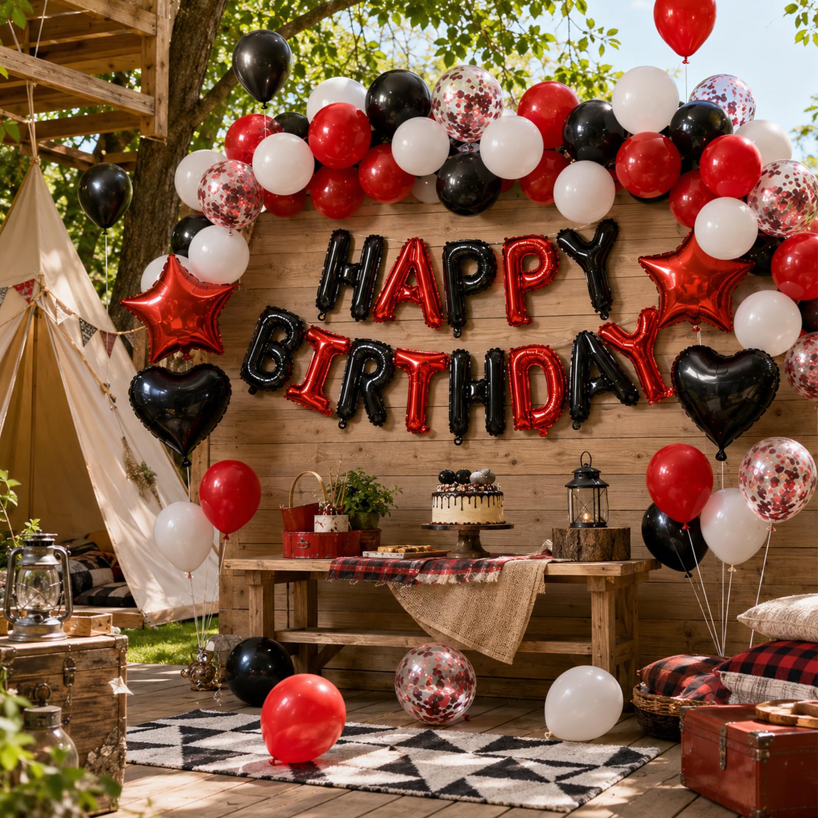 BTZO Black Red Birthday Decorations - 25 Balloons, Star & Heart Foils, Happy Birthday Banner