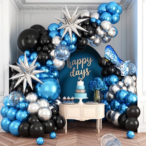 BTZO Blue Silver Black Balloon Arch Kit with Confetti Star Foil – 112-Piece Party Decor Set for Graduation, Baby Shower, Birthday, Anniversary & Retirement