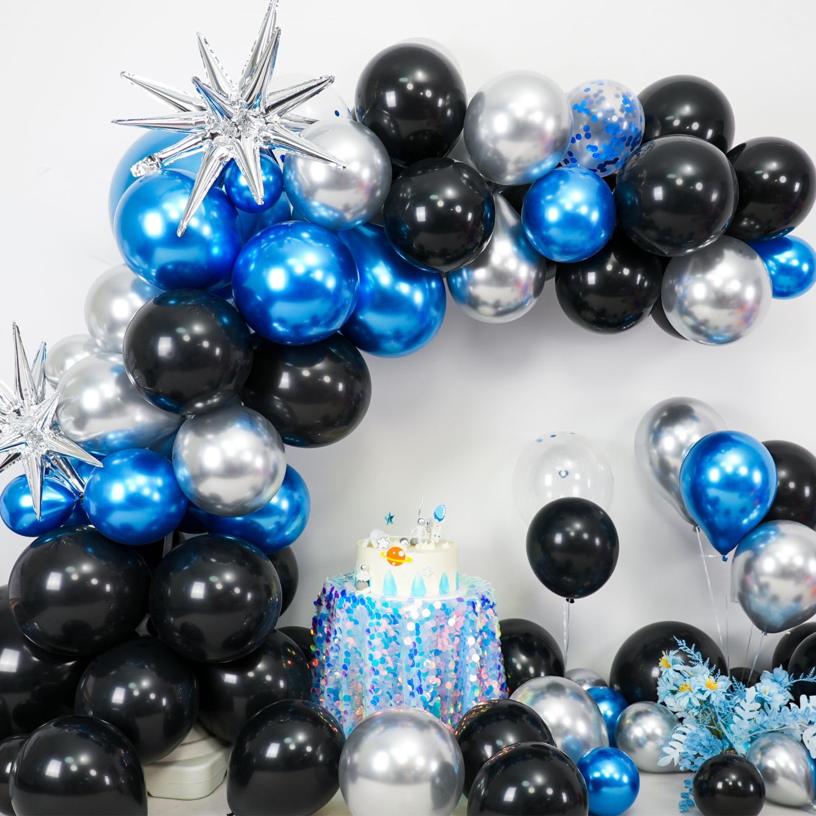 BTZO Blue Silver Black Balloon Arch Kit with Confetti Star Foil – 112-Piece Party Decor Set for Graduation, Baby Shower, Birthday, Anniversary & Retirement