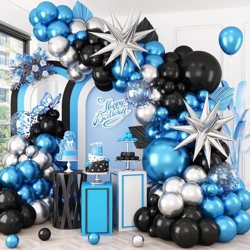 BTZO Blue Silver Black Balloon Arch Kit with Confetti Star Foil – 112-Piece Party Decor Set for Graduation, Baby Shower, Birthday, Anniversary & Retirement