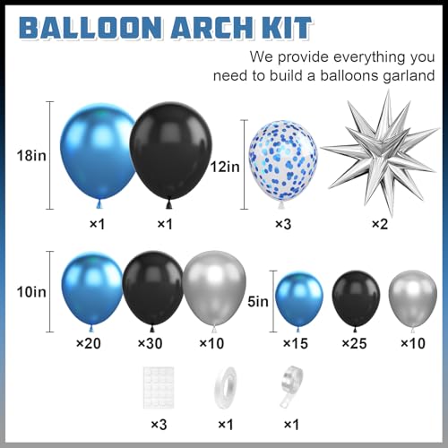 BTZO Blue Silver Black Balloon Arch Kit with Confetti Star Foil – 112-Piece Party Decor Set for Graduation, Baby Shower, Birthday, Anniversary & Retirement