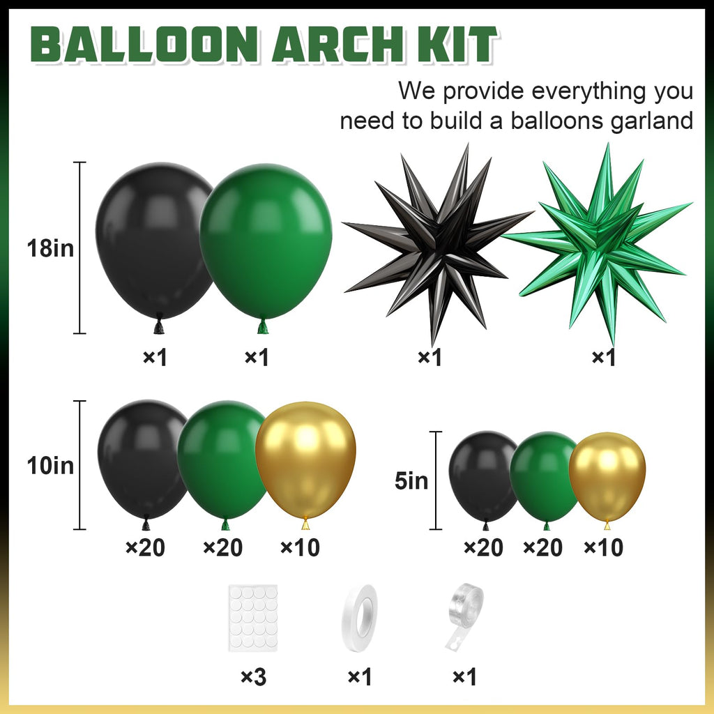 BTZO Green Black Gold Balloon Arch Kit – 104 Latex Balloons with Star Foils for Party Decorations