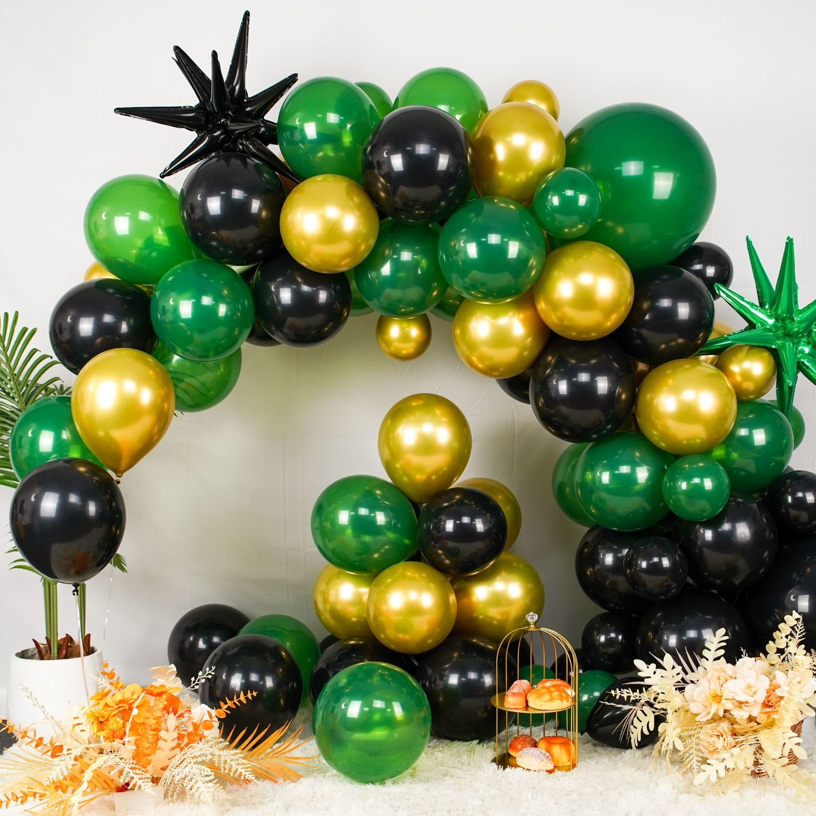BTZO Green Black Gold Balloon Arch Kit – 104 Latex Balloons with Star Foils for Party Decorations