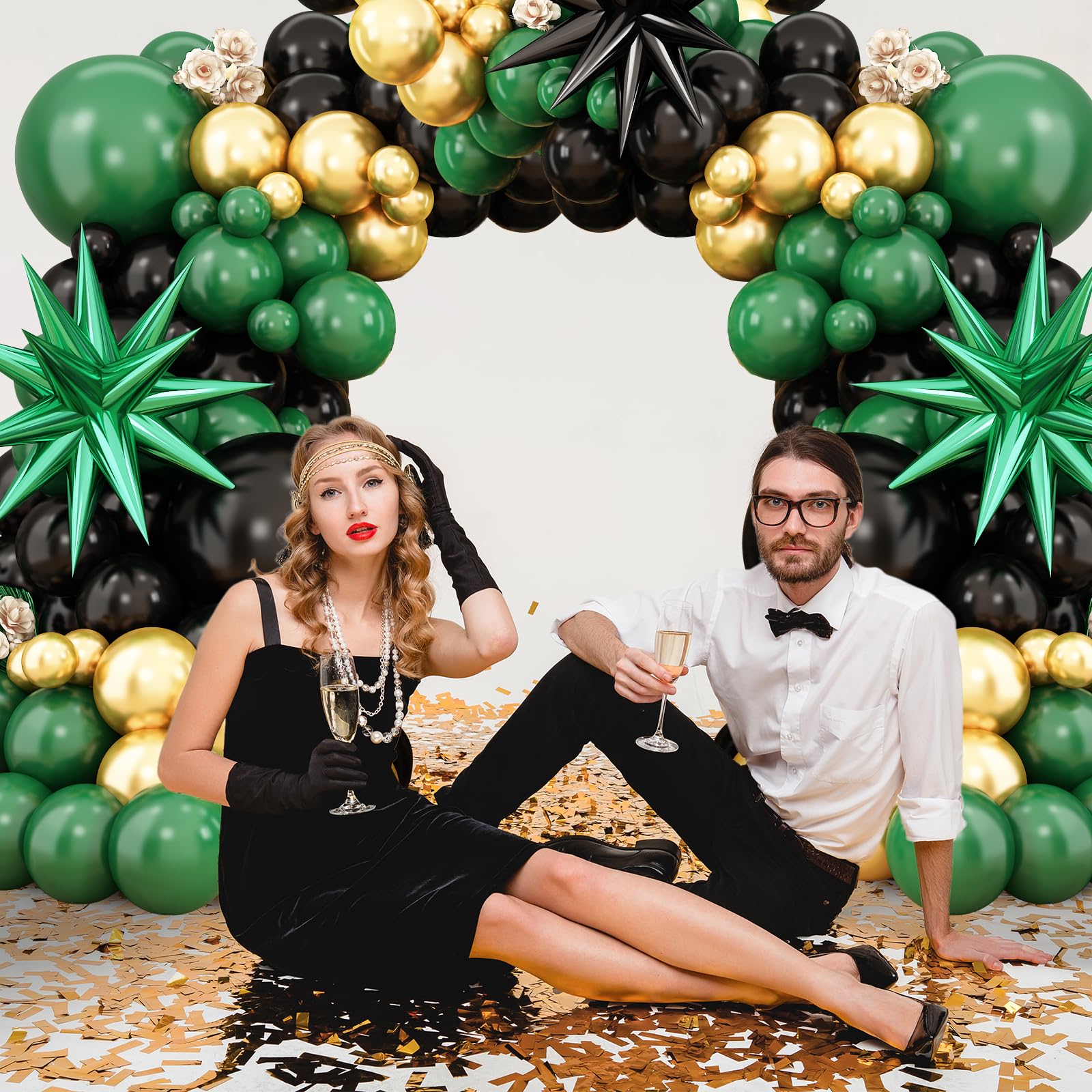 BTZO Green Black Gold Balloon Arch Kit – 104 Latex Balloons with Star Foils for Party Decorations