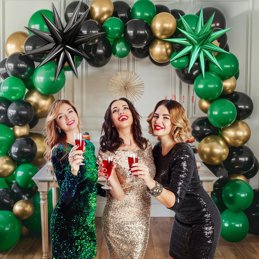 BTZO Green Black Gold Balloon Arch Kit – 104 Latex Balloons with Star Foils for Party Decorations