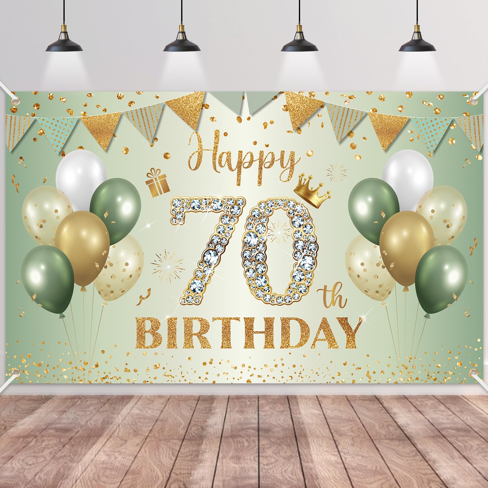 BTZO Happy 70th Birthday Banner – Sage Green & Gold Polyester Backdrop for Men & Women