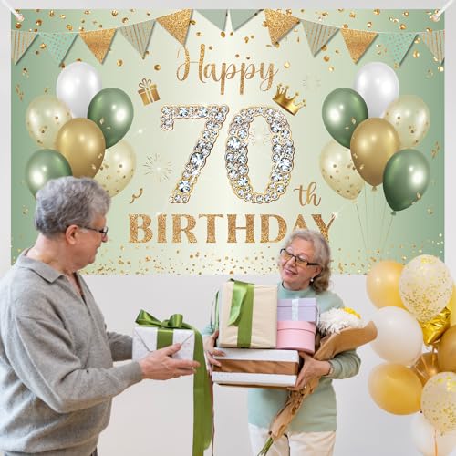 BTZO Happy 70th Birthday Banner – Sage Green & Gold Polyester Backdrop for Men & Women