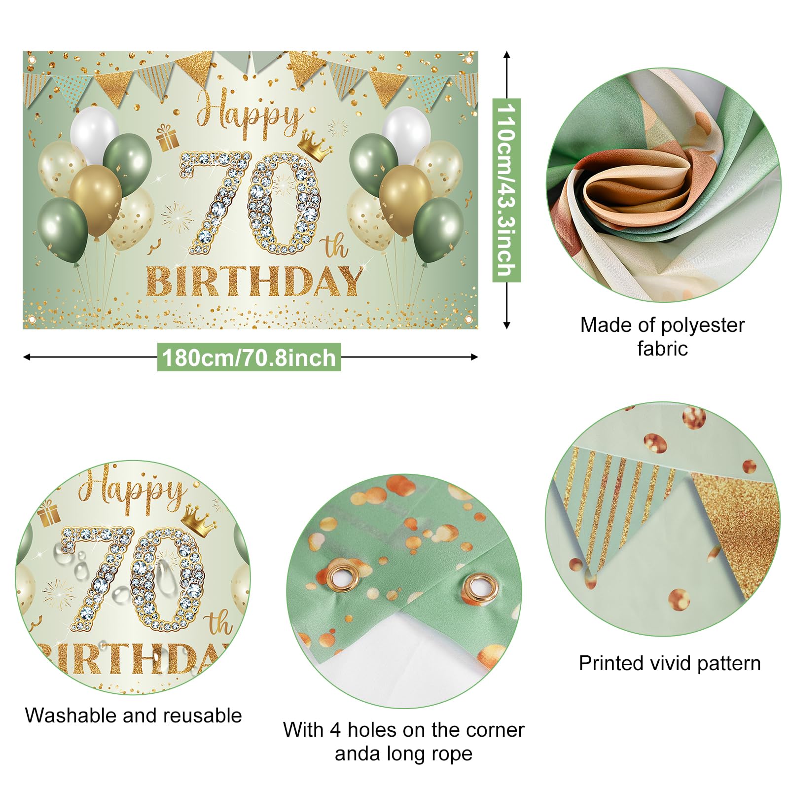 BTZO Happy 70th Birthday Banner – Sage Green & Gold Polyester Backdrop for Men & Women