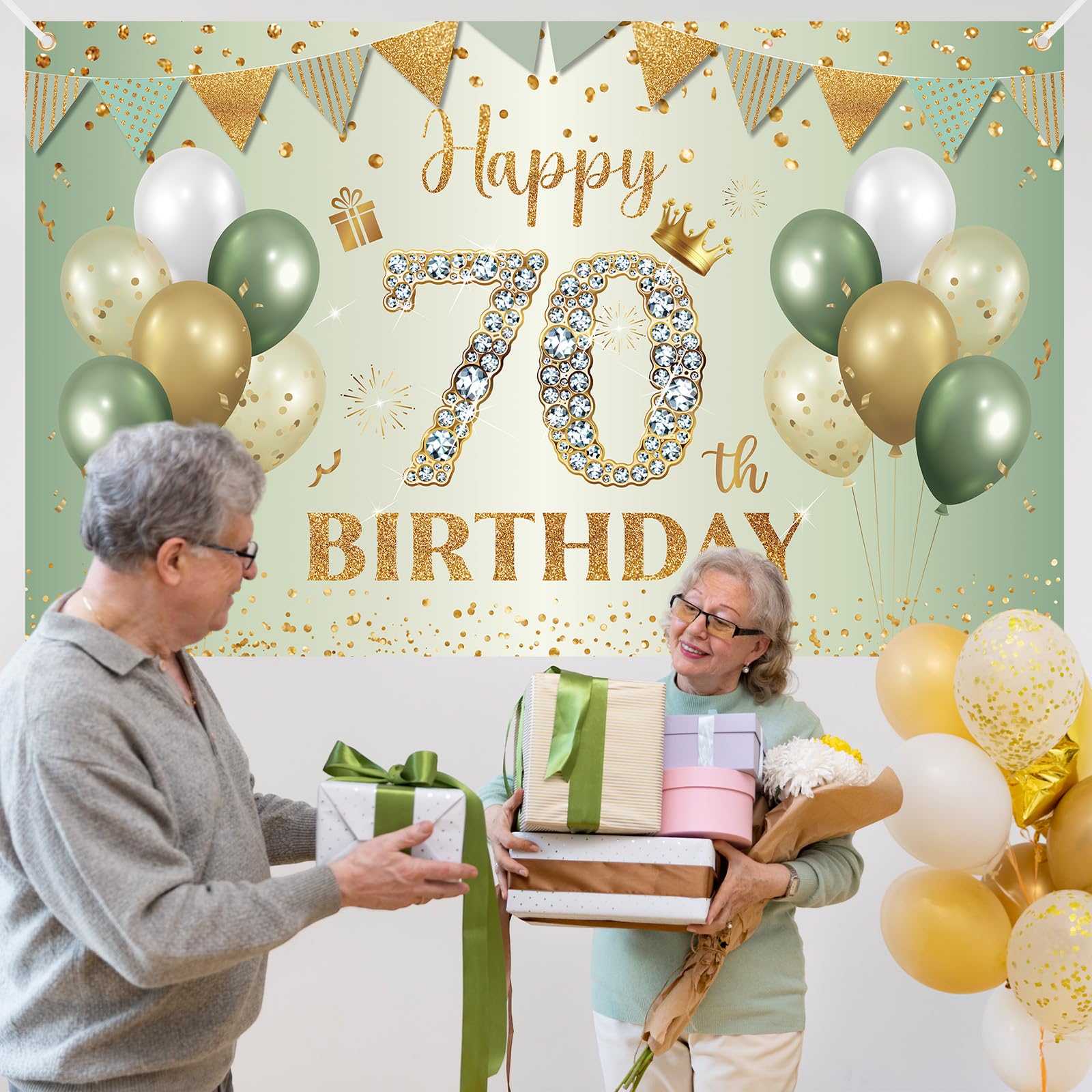 BTZO Happy 70th Birthday Banner – Sage Green & Gold Polyester Backdrop for Men & Women
