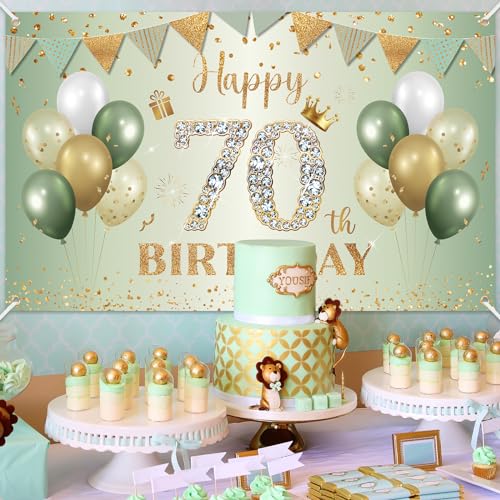 BTZO Happy 70th Birthday Banner – Sage Green & Gold Polyester Backdrop for Men & Women