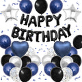 BTZO Navy Blue & Black Birthday Balloon Set with Happy Birthday Banner and Confetti