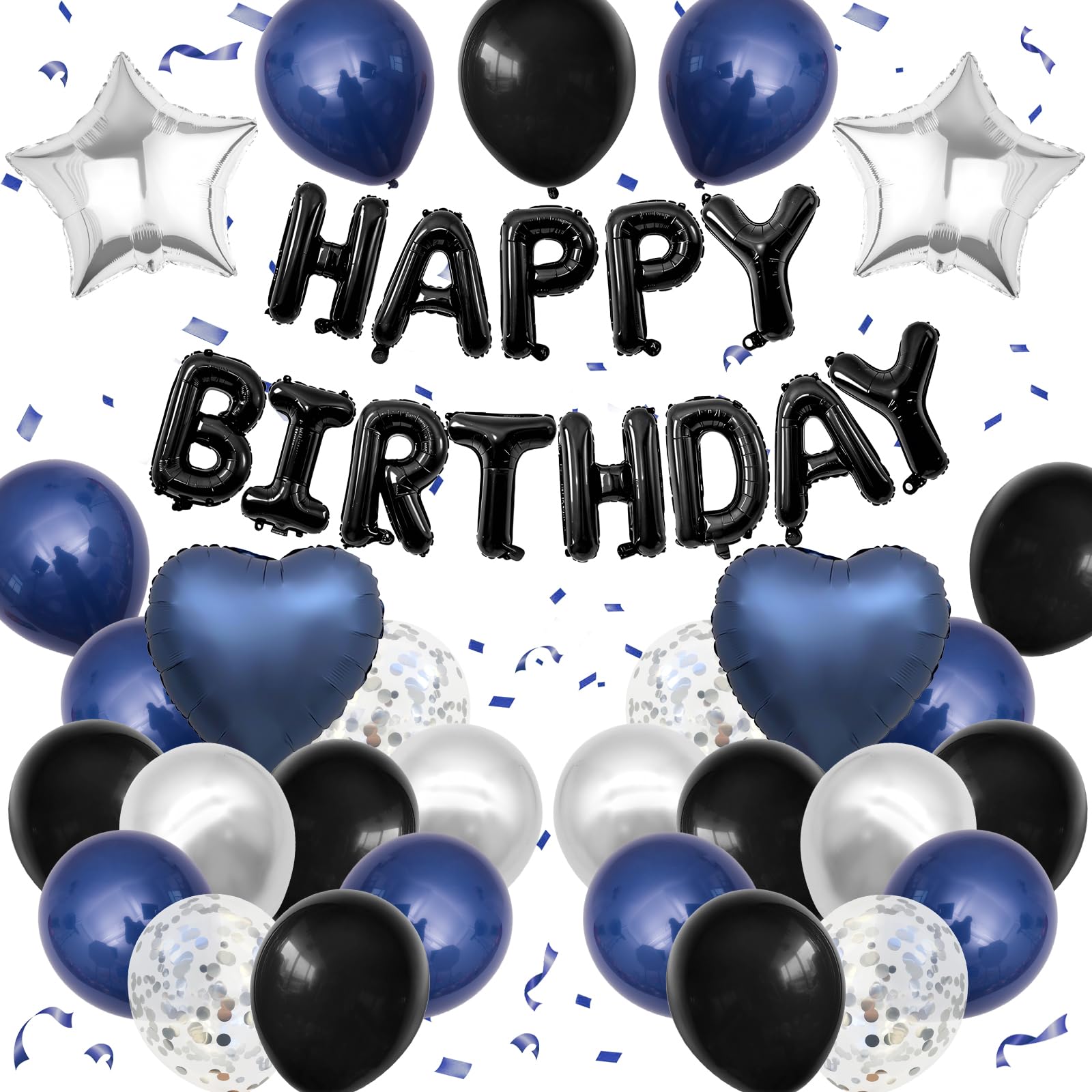 BTZO Navy Blue & Black Birthday Balloon Set with Happy Birthday Banner and Confetti
