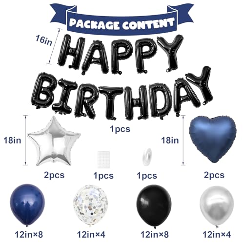 BTZO Navy Blue & Black Birthday Balloon Set with Happy Birthday Banner and Confetti