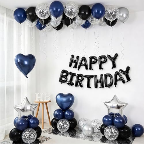 BTZO Navy Blue & Black Birthday Balloon Set with Happy Birthday Banner and Confetti