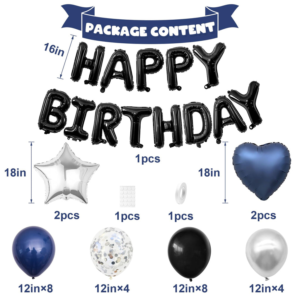 BTZO Navy Blue & Black Birthday Balloon Set with Happy Birthday Banner and Confetti