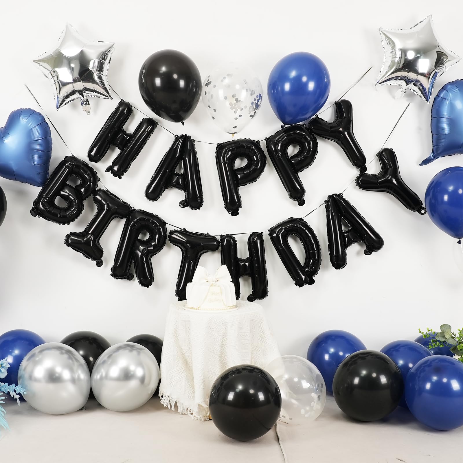 BTZO Navy Blue & Black Birthday Balloon Set with Happy Birthday Banner and Confetti