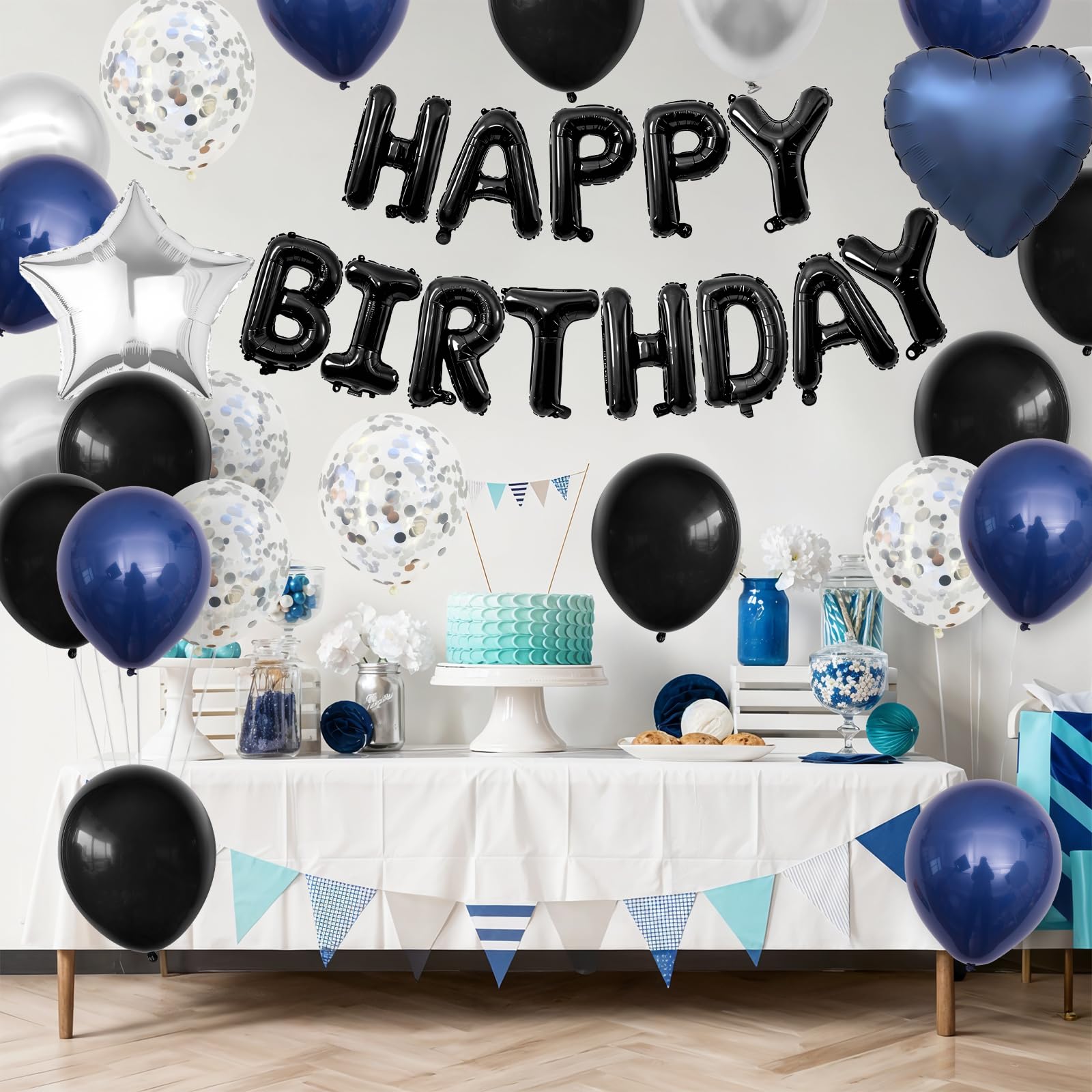 BTZO Navy Blue & Black Birthday Balloon Set with Happy Birthday Banner and Confetti