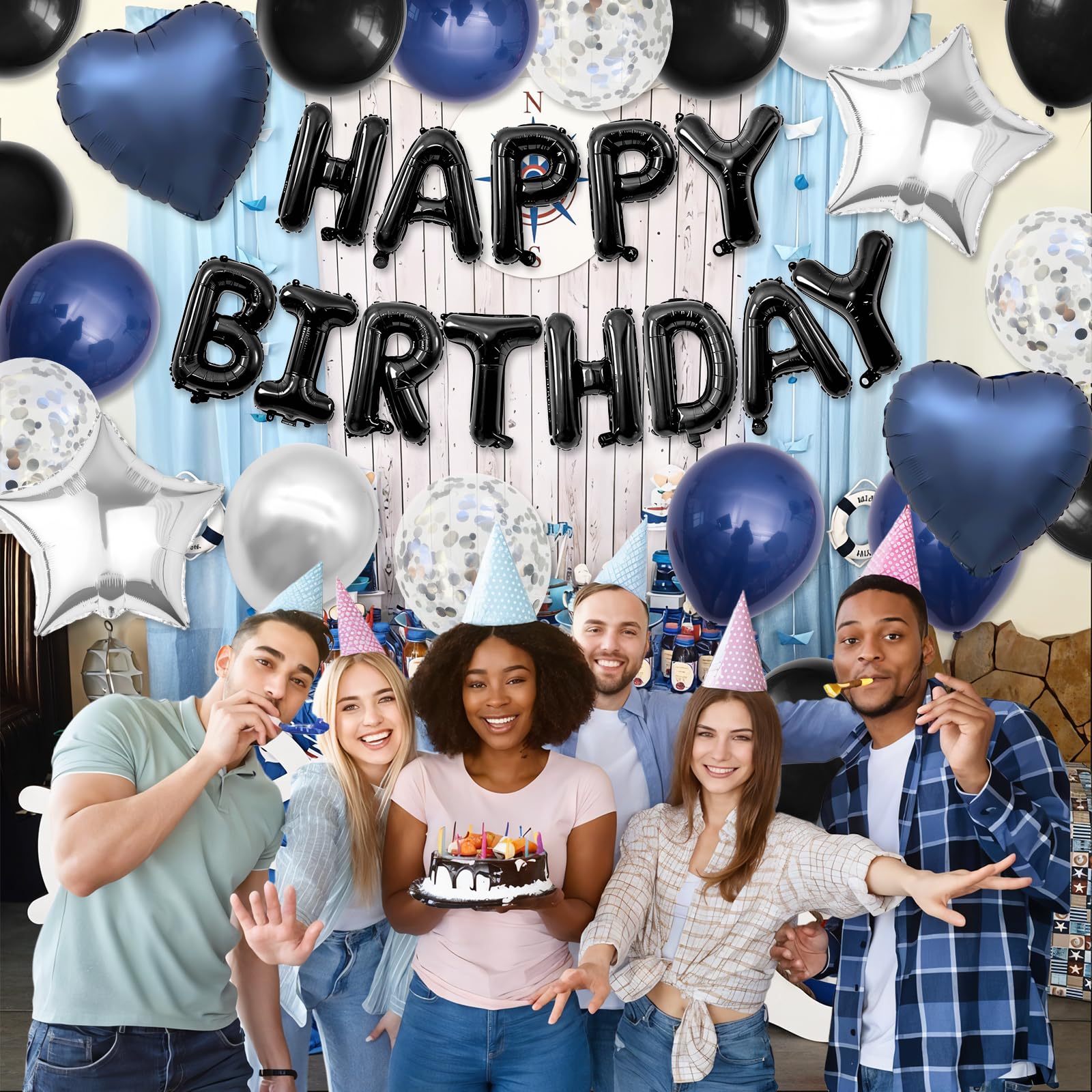 BTZO Navy Blue & Black Birthday Balloon Set with Happy Birthday Banner and Confetti